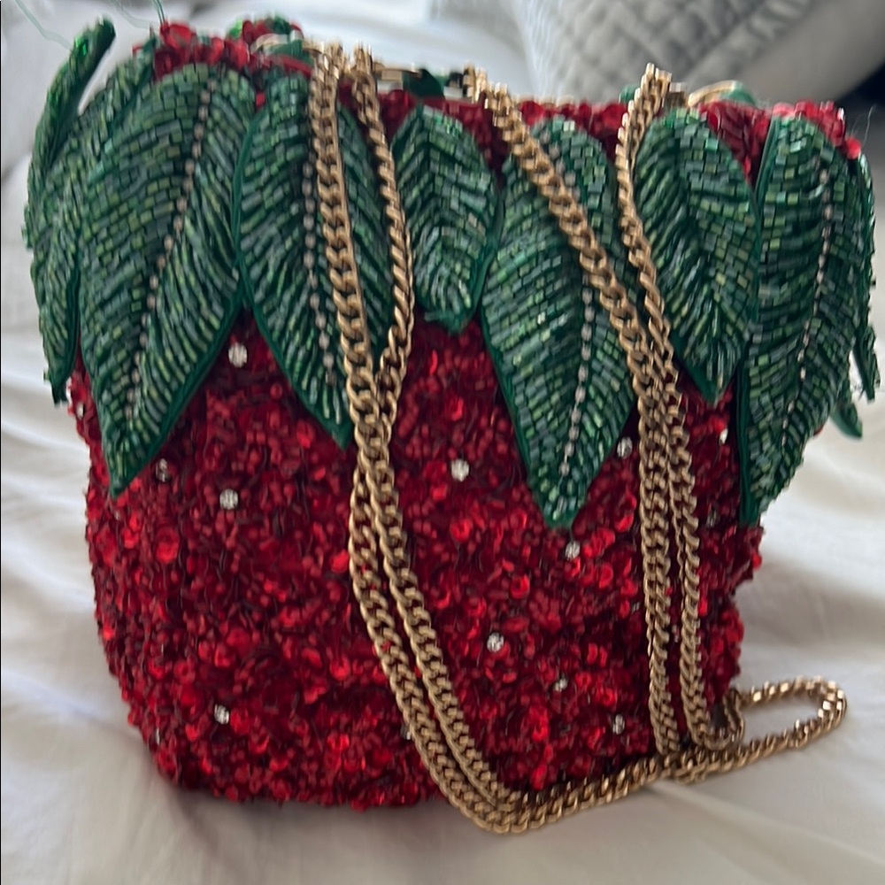 Strawberry Beaded Bag with Gold Chain
